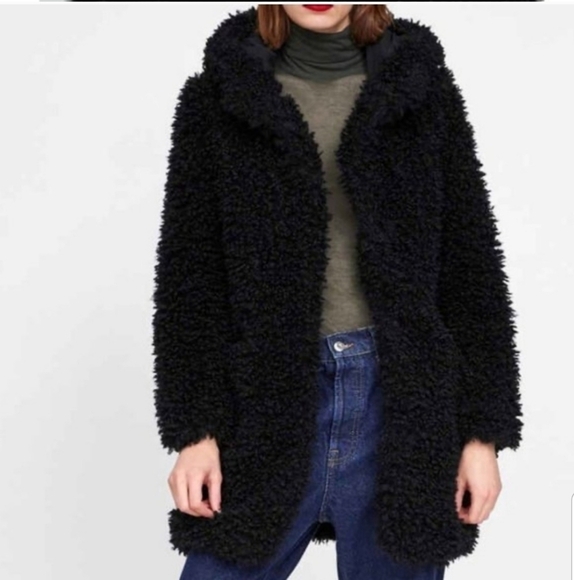 ZARA Black Luxurious Cozy Warm Hooded Teddy Jacket - Picture 4 of 9